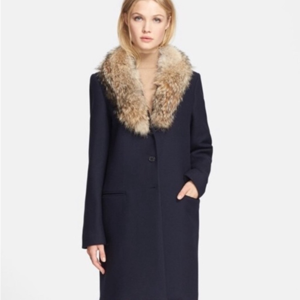 Theory Navy Pea Coat with Real Fur Removable Collar